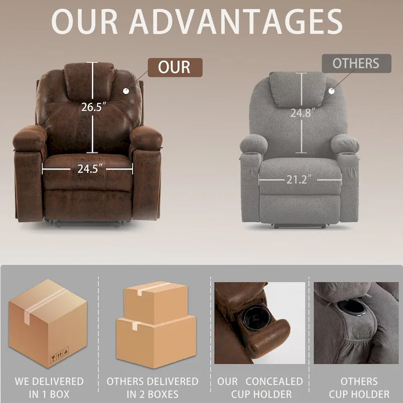 Fauteuil inclinable pivotant surdimensionné marron avec porte-gobelet et poche latérale, 1 place