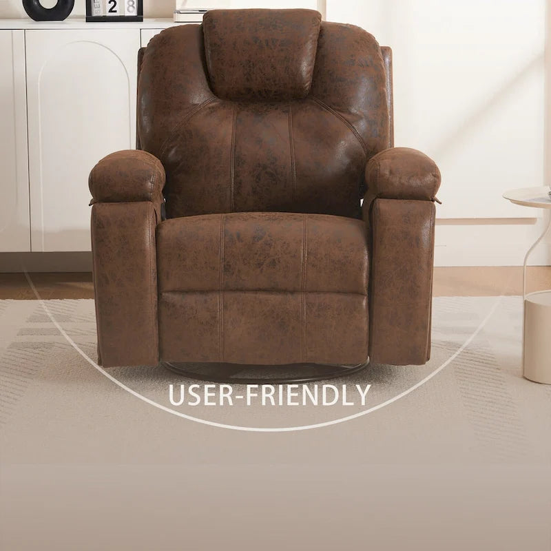 Fauteuil inclinable pivotant surdimensionné marron avec porte-gobelet et poche latérale, 1 place