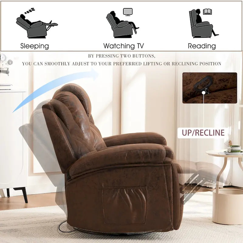 Fauteuil inclinable pivotant surdimensionné marron avec porte-gobelet et poche latérale, 1 place