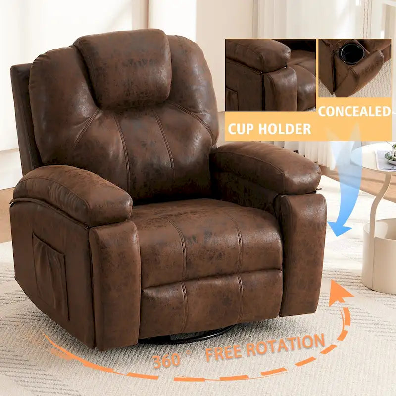 Fauteuil inclinable pivotant surdimensionné marron avec porte-gobelet et poche latérale, 1 place