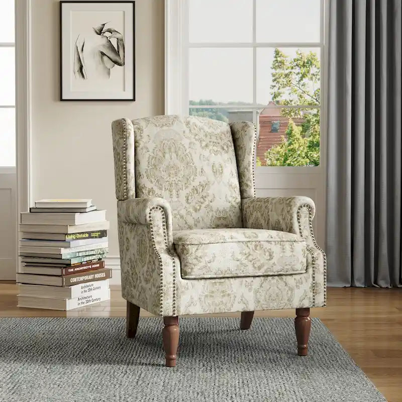 Fauteuil d'appoint à oreilles avec clous décoratifs – Tissu et similicuir, Siège simple, Plusieurs coloris