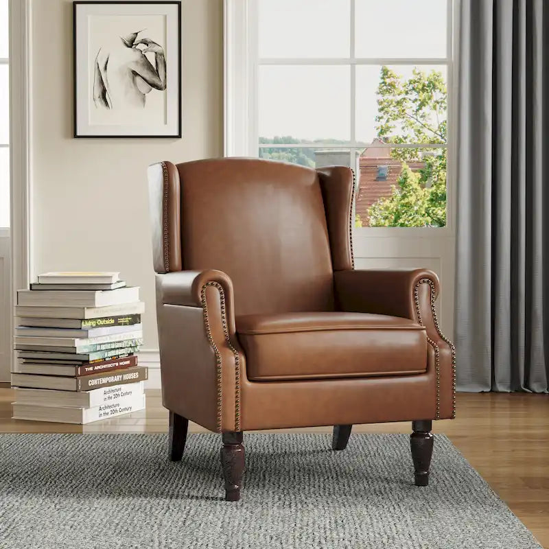 Fauteuil d'appoint à oreilles avec clous décoratifs – Tissu et similicuir, Siège simple, Plusieurs coloris