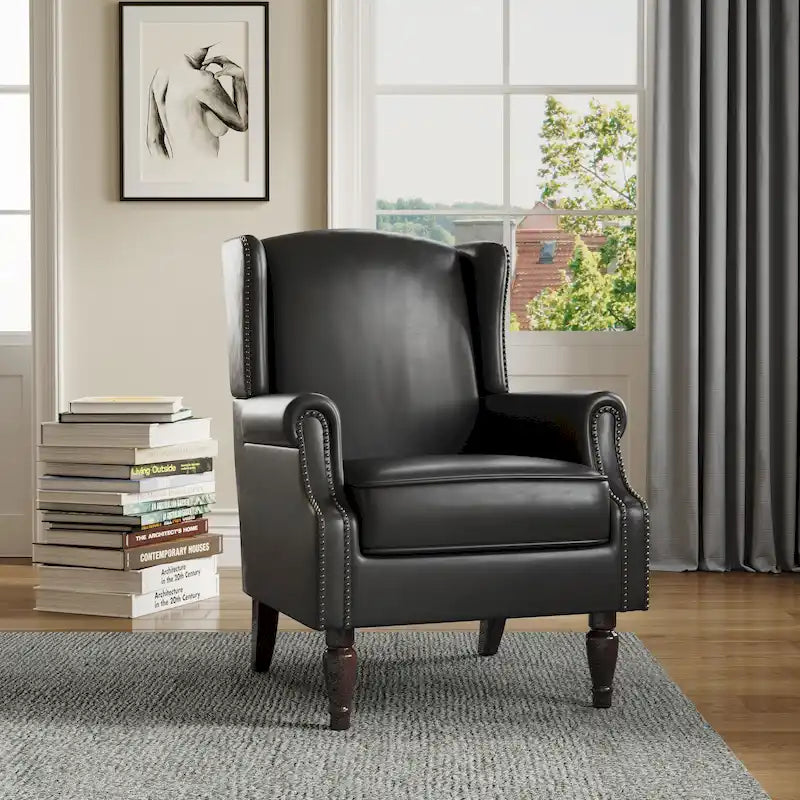 Fauteuil d'appoint à oreilles avec clous décoratifs – Tissu et similicuir, Siège simple, Plusieurs coloris