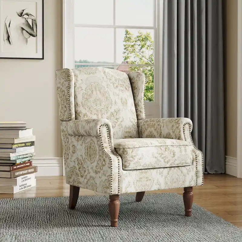 Fauteuil d'appoint à oreilles avec clous décoratifs – Tissu et similicuir, Siège simple, Plusieurs coloris