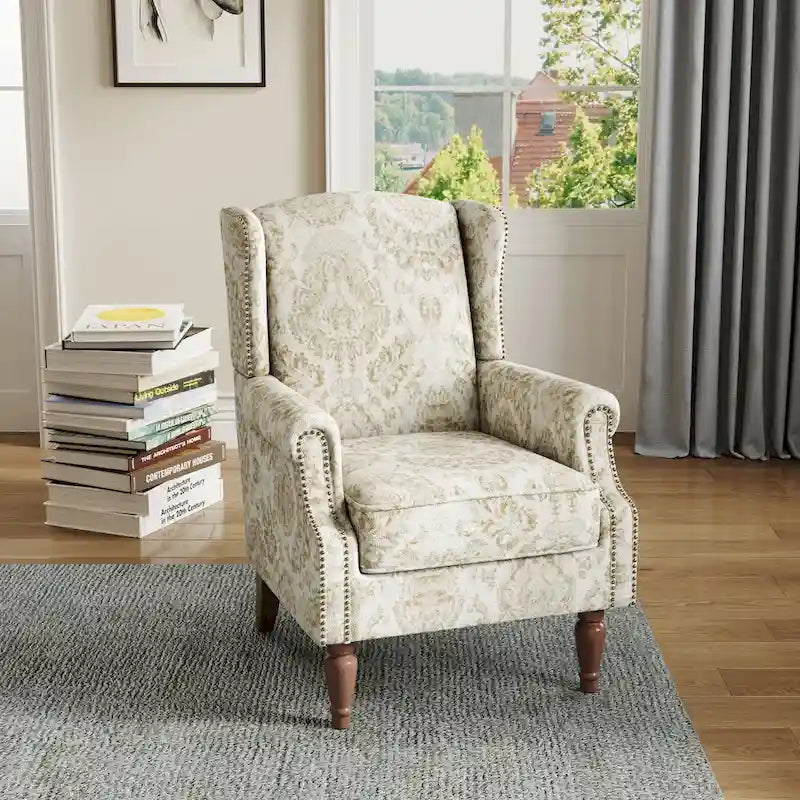 Fauteuil d'appoint à oreilles avec clous décoratifs – Tissu et similicuir, Siège simple, Plusieurs coloris