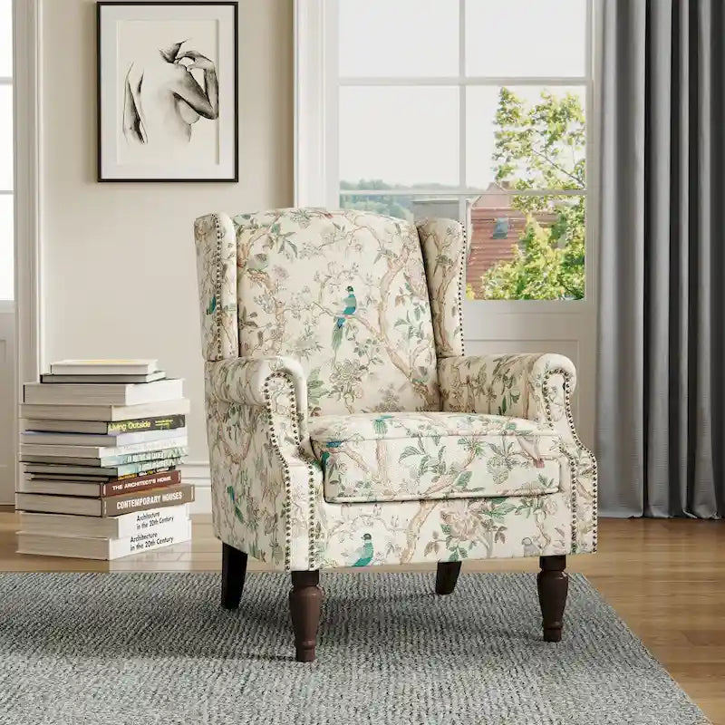 Fauteuil d'appoint à oreilles avec clous décoratifs – Tissu et similicuir, Siège simple, Plusieurs coloris