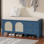 Banc à chaussures avec coussin et 2 portes en rotin, 2 tiroirs – Bleu marine / Espresso / Blanc / Naturel