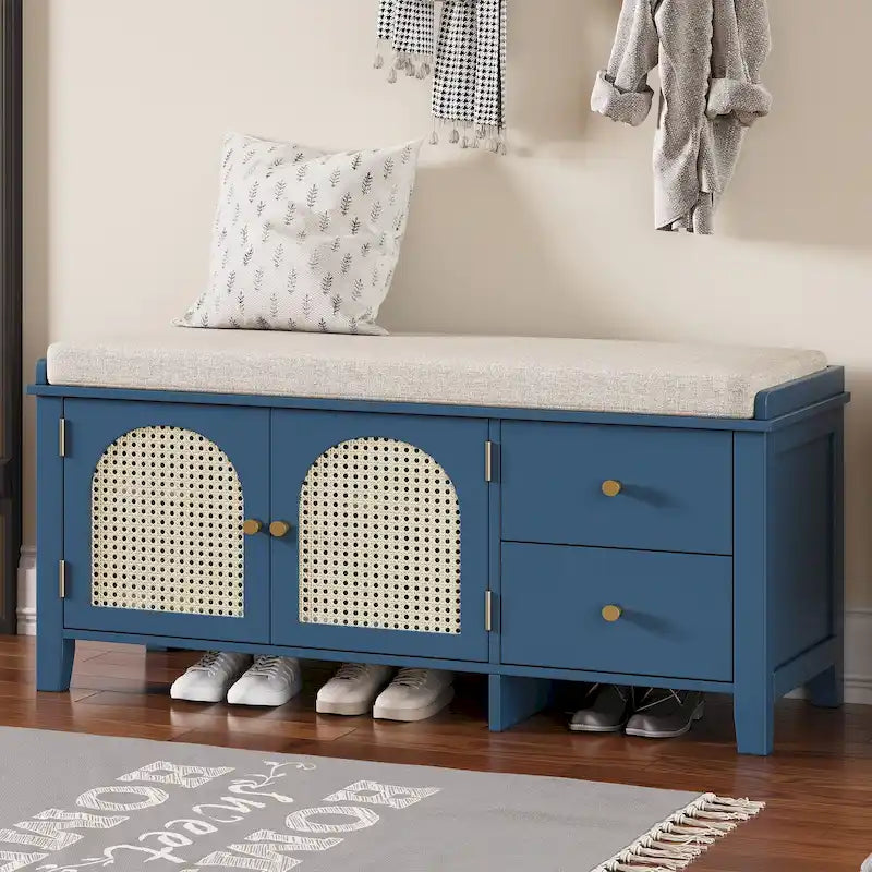 Banc à chaussures avec coussin et 2 portes en rotin, 2 tiroirs – Bleu marine / Espresso / Blanc / Naturel