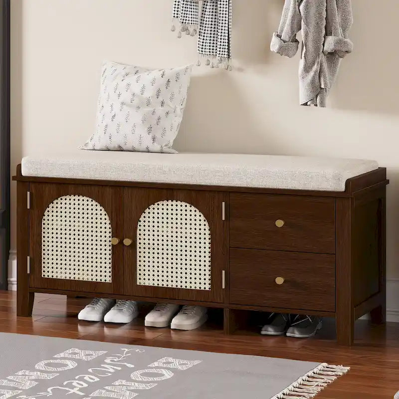 Banc à chaussures avec coussin et 2 portes en rotin, 2 tiroirs – Bleu marine / Espresso / Blanc / Naturel