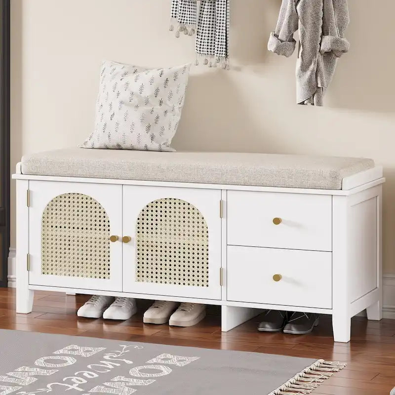 Banc à chaussures avec coussin et 2 portes en rotin, 2 tiroirs – Bleu marine / Espresso / Blanc / Naturel