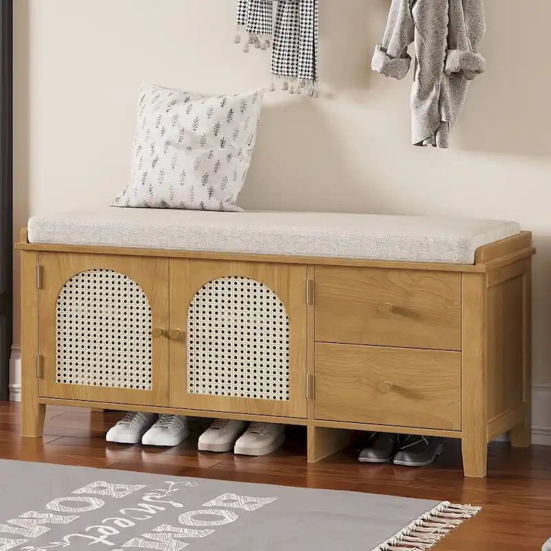 Banc à chaussures avec coussin et 2 portes en rotin, 2 tiroirs – Bleu marine / Espresso / Blanc / Naturel