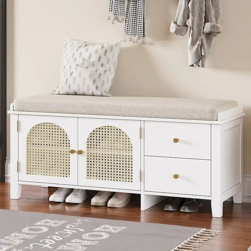 Banc à chaussures avec coussin et 2 portes en rotin, 2 tiroirs – Bleu marine / Espresso / Blanc / Naturel