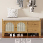 Banc à chaussures avec coussin et 2 portes en rotin, 2 tiroirs – Bleu marine / Espresso / Blanc / Naturel
