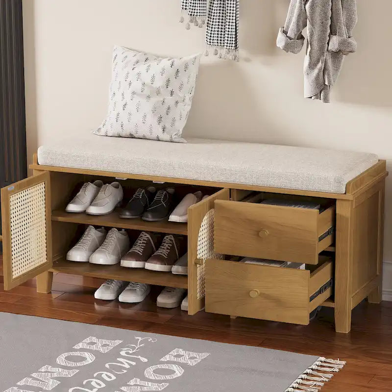 Banc à chaussures avec coussin et 2 portes en rotin, 2 tiroirs – Bleu marine / Espresso / Blanc / Naturel