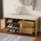 Banc à chaussures avec coussin et 2 portes en rotin, 2 tiroirs – Bleu marine / Espresso / Blanc / Naturel