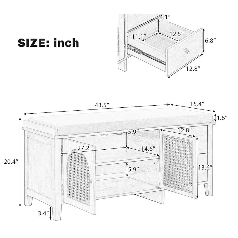 Banc à chaussures avec coussin et 2 portes en rotin, 2 tiroirs – Bleu marine / Espresso / Blanc / Naturel