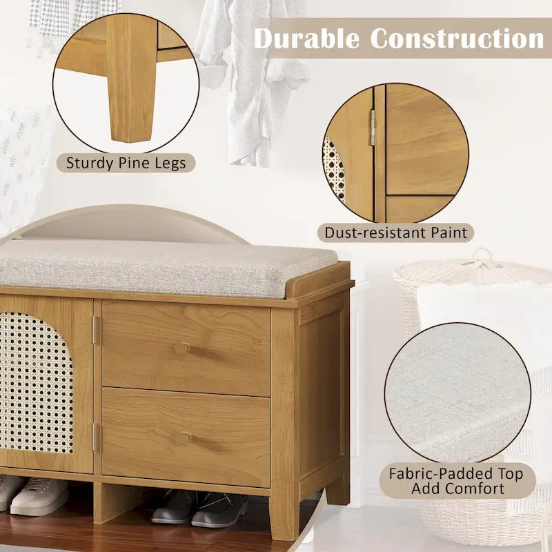 Banc à chaussures avec coussin et 2 portes en rotin, 2 tiroirs – Bleu marine / Espresso / Blanc / Naturel