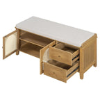 Banc à chaussures avec coussin et 2 portes en rotin, 2 tiroirs – Bleu marine / Espresso / Blanc / Naturel