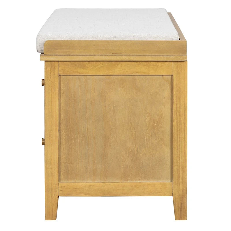 Banc à chaussures avec coussin et 2 portes en rotin, 2 tiroirs – Bleu marine / Espresso / Blanc / Naturel
