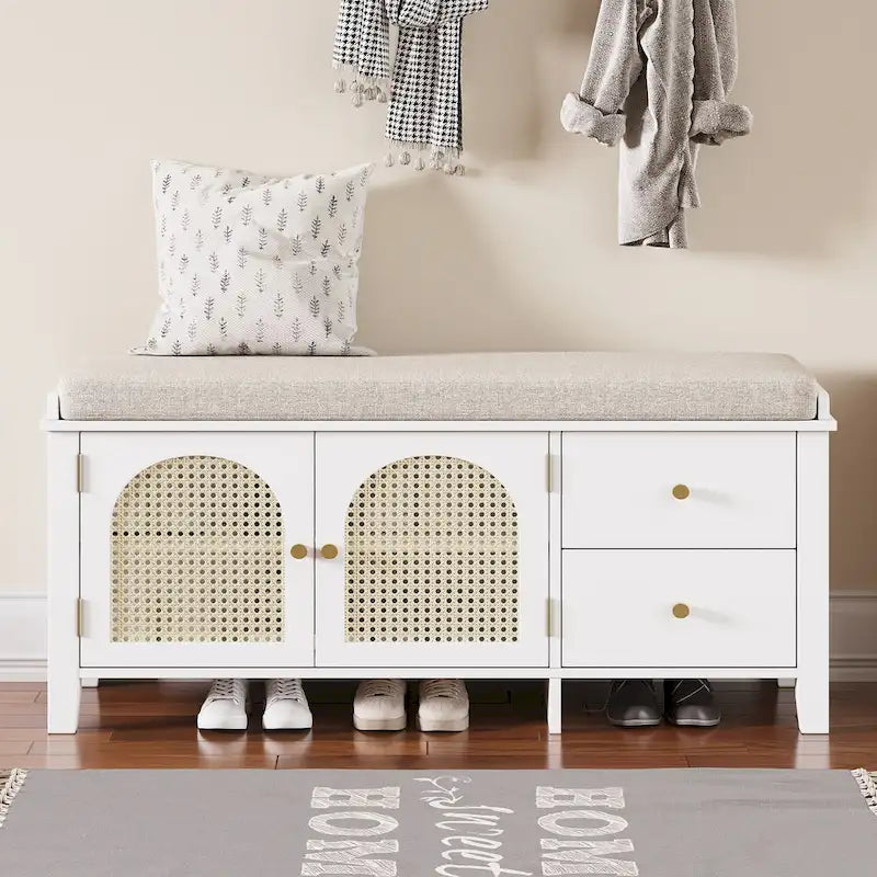 Banc à chaussures avec coussin et 2 portes en rotin, 2 tiroirs – Bleu marine / Espresso / Blanc / Naturel
