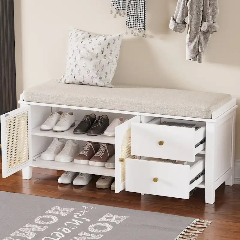 Banc à chaussures avec coussin et 2 portes en rotin, 2 tiroirs – Bleu marine / Espresso / Blanc / Naturel