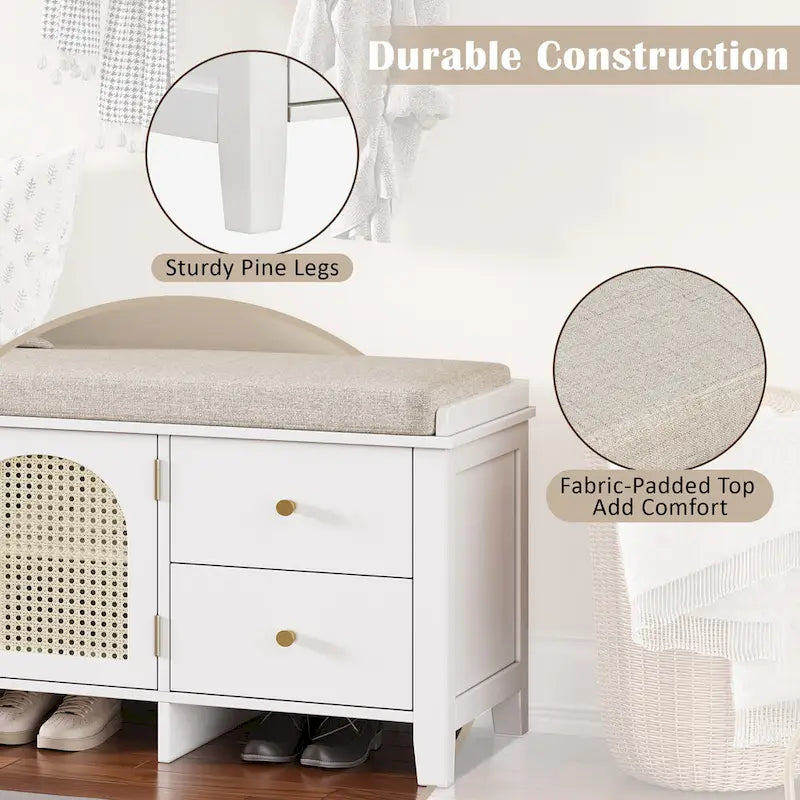 Banc à chaussures avec coussin et 2 portes en rotin, 2 tiroirs – Bleu marine / Espresso / Blanc / Naturel