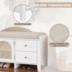 Banc à chaussures avec coussin et 2 portes en rotin, 2 tiroirs – Bleu marine / Espresso / Blanc / Naturel