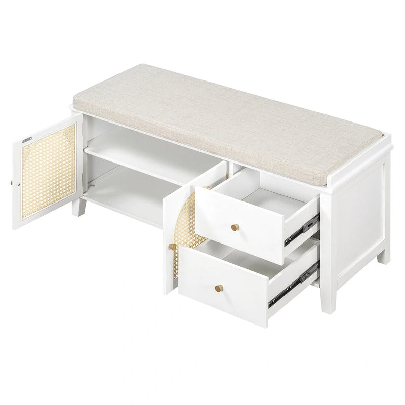 Banc à chaussures avec coussin et 2 portes en rotin, 2 tiroirs – Bleu marine / Espresso / Blanc / Naturel