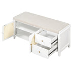 Banc à chaussures avec coussin et 2 portes en rotin, 2 tiroirs – Bleu marine / Espresso / Blanc / Naturel