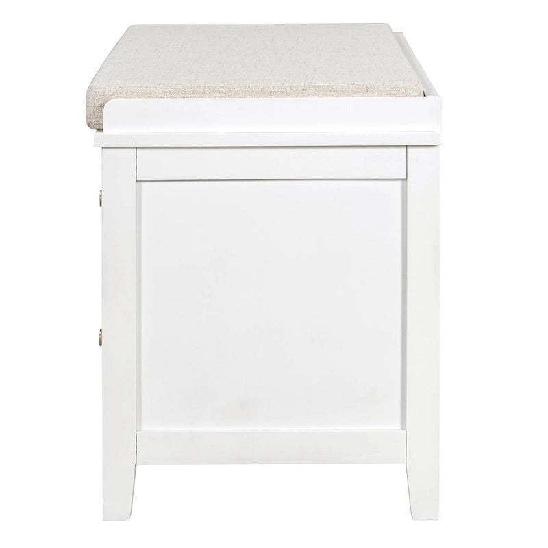 Banc à chaussures avec coussin et 2 portes en rotin, 2 tiroirs – Bleu marine / Espresso / Blanc / Naturel