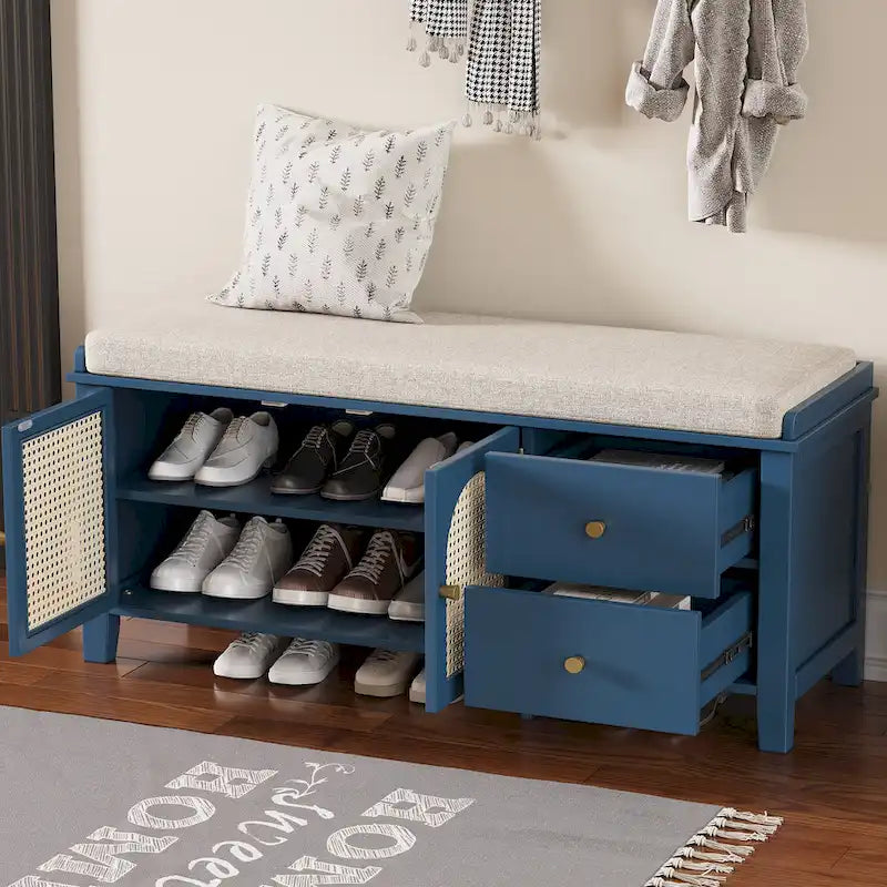 Banc à chaussures avec coussin et 2 portes en rotin, 2 tiroirs – Bleu marine / Espresso / Blanc / Naturel