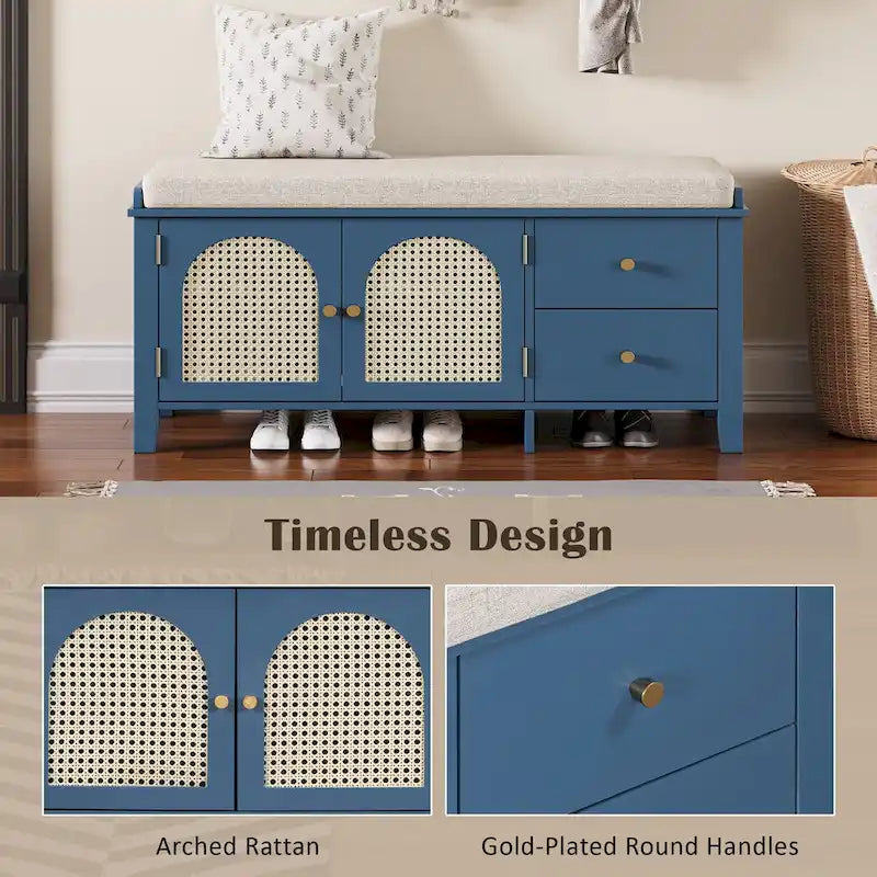 Banc à chaussures avec coussin et 2 portes en rotin, 2 tiroirs – Bleu marine / Espresso / Blanc / Naturel