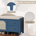 Banc à chaussures avec coussin et 2 portes en rotin, 2 tiroirs – Bleu marine / Espresso / Blanc / Naturel