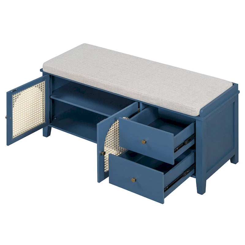 Banc à chaussures avec coussin et 2 portes en rotin, 2 tiroirs – Bleu marine / Espresso / Blanc / Naturel