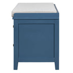 Banc à chaussures avec coussin et 2 portes en rotin, 2 tiroirs – Bleu marine / Espresso / Blanc / Naturel