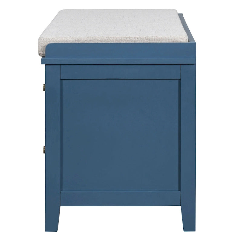 Banc à chaussures avec coussin et 2 portes en rotin, 2 tiroirs – Bleu marine / Espresso / Blanc / Naturel