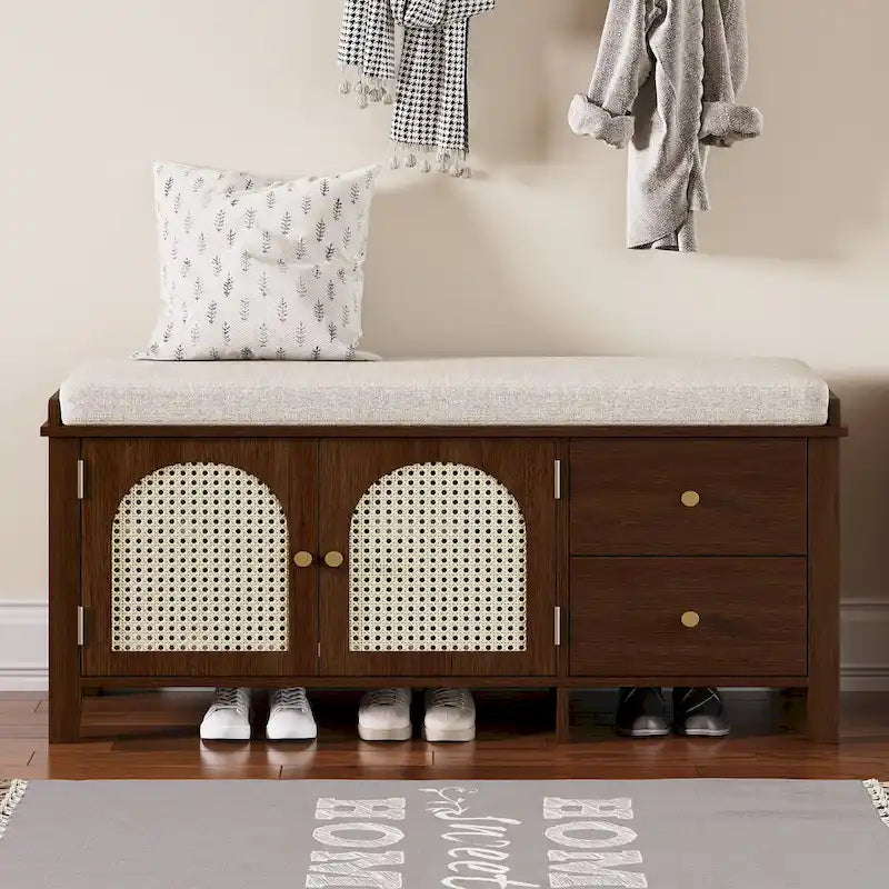 Banc à chaussures avec coussin et 2 portes en rotin, 2 tiroirs – Bleu marine / Espresso / Blanc / Naturel