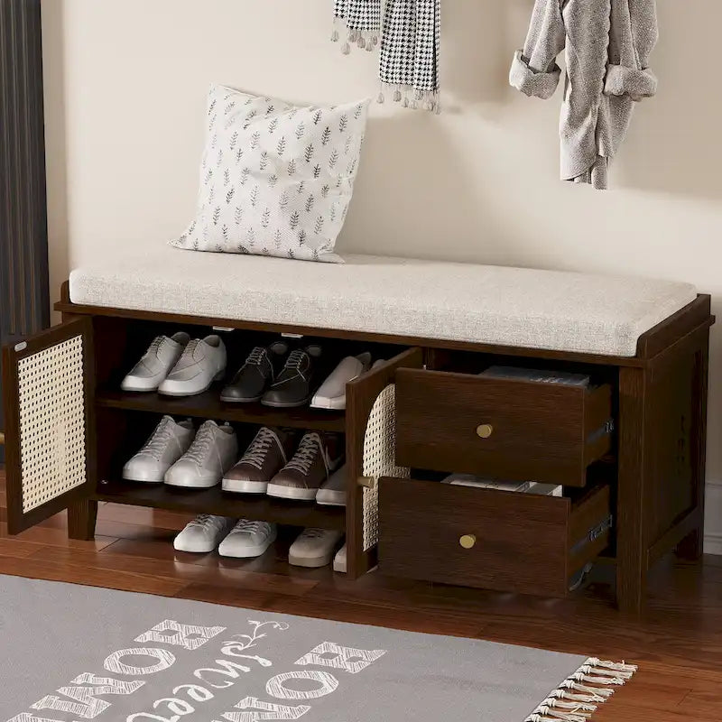 Banc à chaussures avec coussin et 2 portes en rotin, 2 tiroirs – Bleu marine / Espresso / Blanc / Naturel