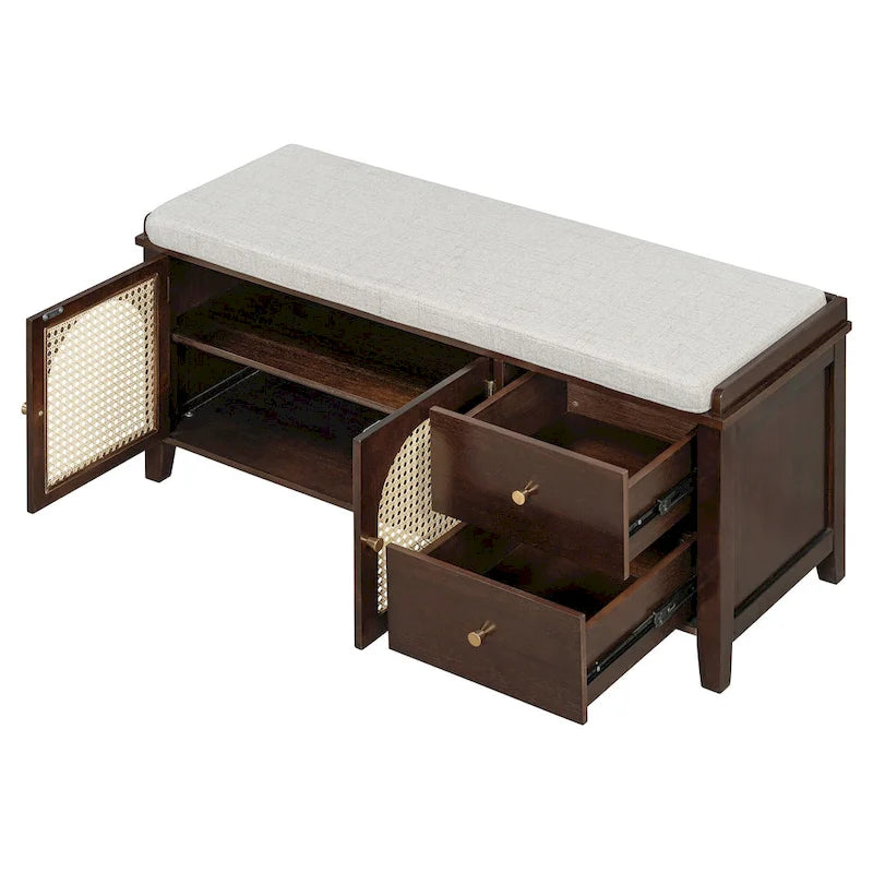 Banc à chaussures avec coussin et 2 portes en rotin, 2 tiroirs – Bleu marine / Espresso / Blanc / Naturel