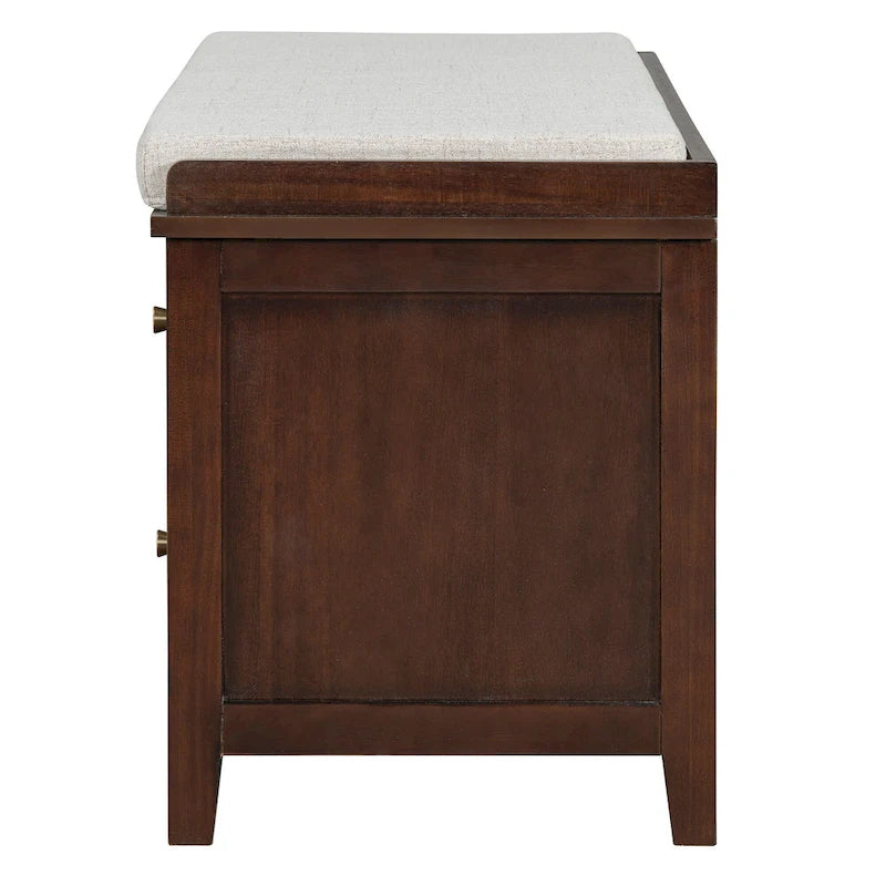 Banc à chaussures avec coussin et 2 portes en rotin, 2 tiroirs – Bleu marine / Espresso / Blanc / Naturel