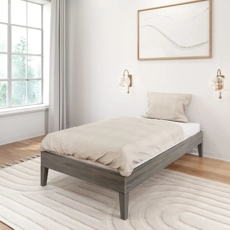 Cadre de lit simple en bois massif (Pecan/Noyer/Driftwood) pour 1 personne