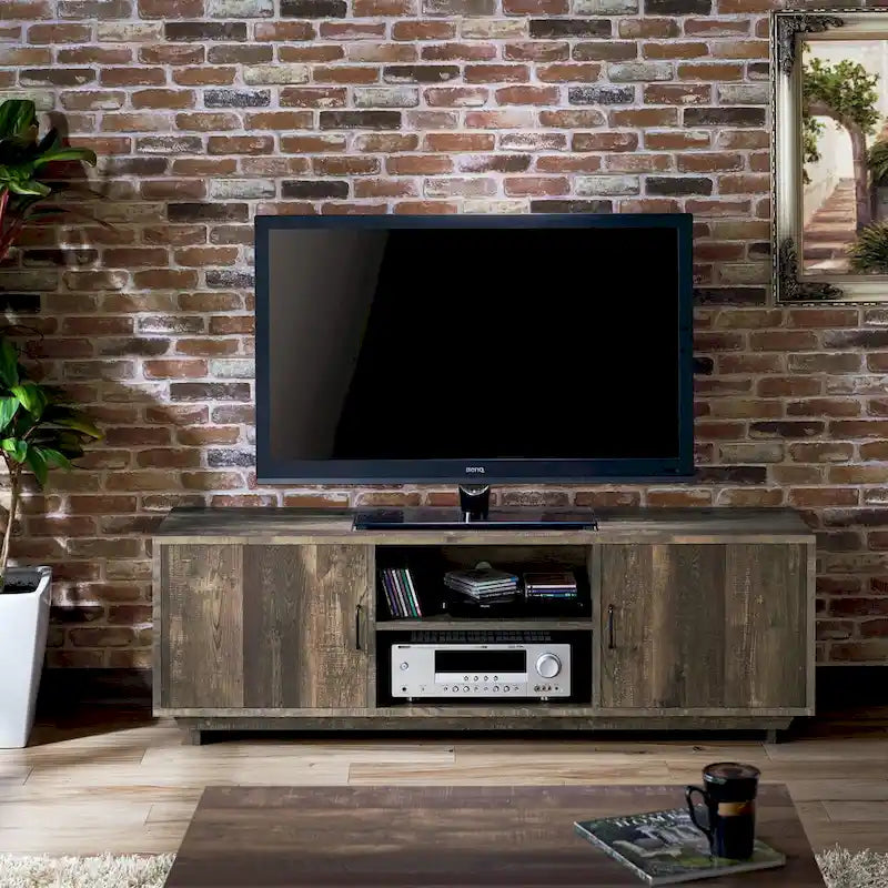 Meuble TV 2 étagères en chêne recyclé de 160 cm avec rangements