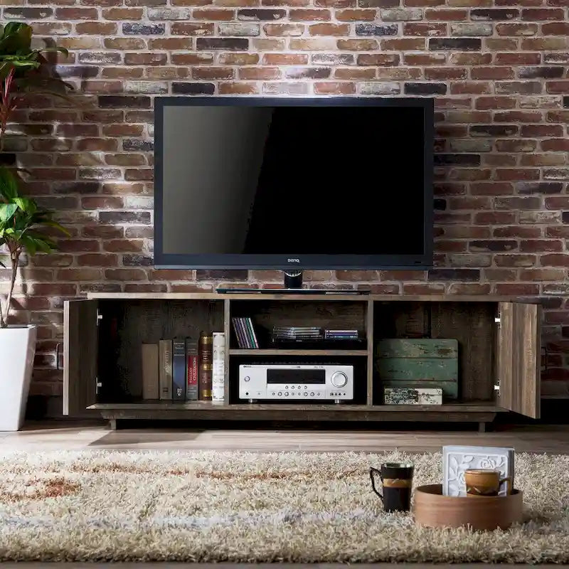 Meuble TV 2 étagères en chêne recyclé de 160 cm avec rangements