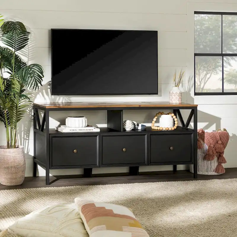 Meuble TV Rustique à 3 Tiroirs 60" – Noir/Chêne Rustique | Blanc Vieilli/Gris | Blanc Vieilli/Chêne Rustique