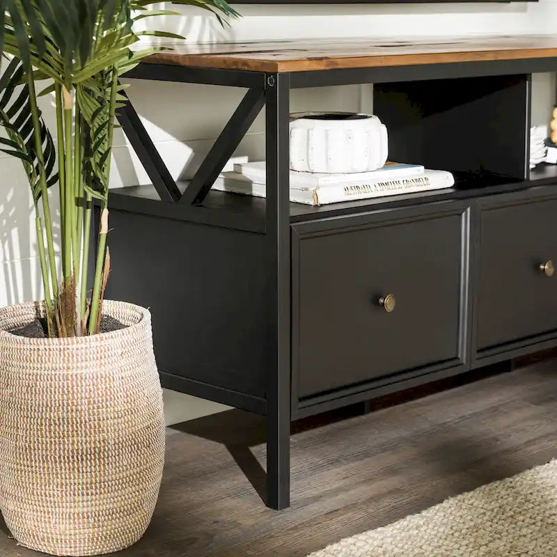 Meuble TV Rustique à 3 Tiroirs 60" – Noir/Chêne Rustique | Blanc Vieilli/Gris | Blanc Vieilli/Chêne Rustique