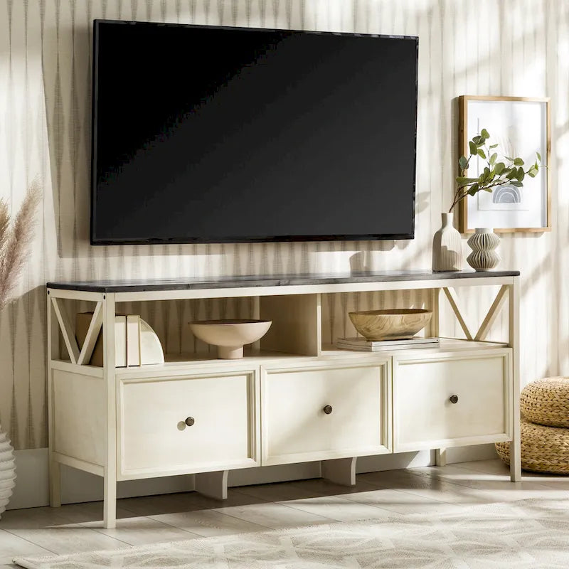 Meuble TV Rustique à 3 Tiroirs 60" – Noir/Chêne Rustique | Blanc Vieilli/Gris | Blanc Vieilli/Chêne Rustique