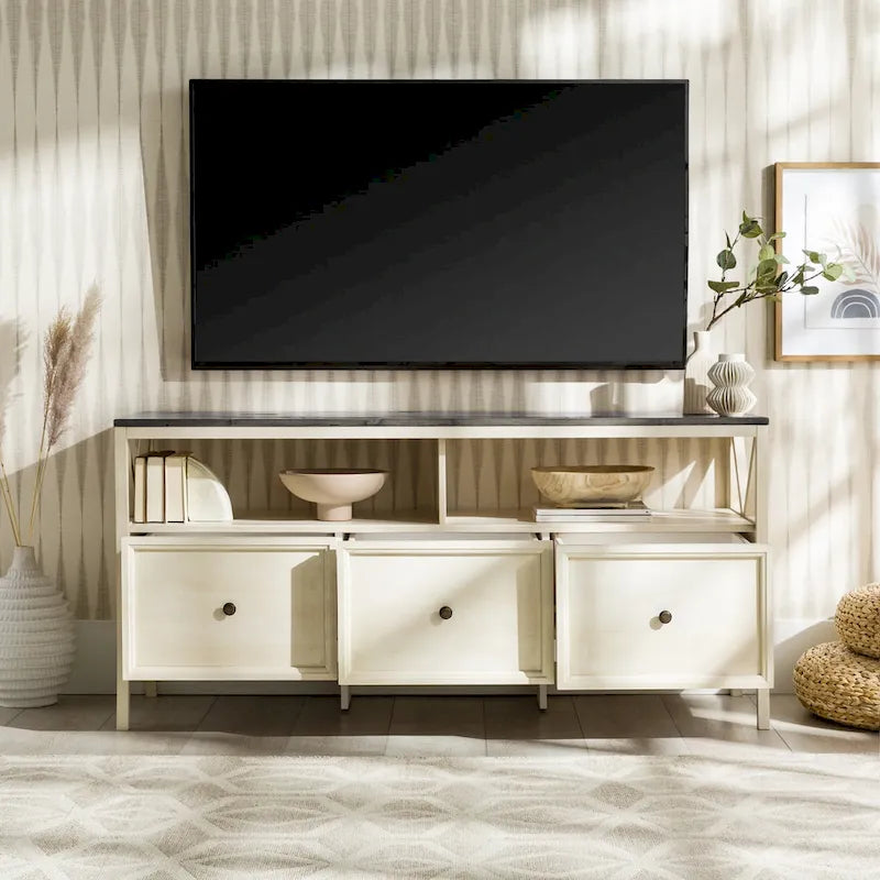 Meuble TV Rustique à 3 Tiroirs 60" – Noir/Chêne Rustique | Blanc Vieilli/Gris | Blanc Vieilli/Chêne Rustique