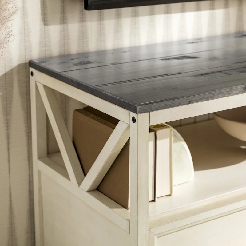 Meuble TV Rustique à 3 Tiroirs 60" – Noir/Chêne Rustique | Blanc Vieilli/Gris | Blanc Vieilli/Chêne Rustique
