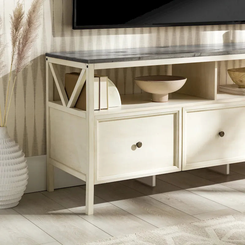 Meuble TV Rustique à 3 Tiroirs 60" – Noir/Chêne Rustique | Blanc Vieilli/Gris | Blanc Vieilli/Chêne Rustique