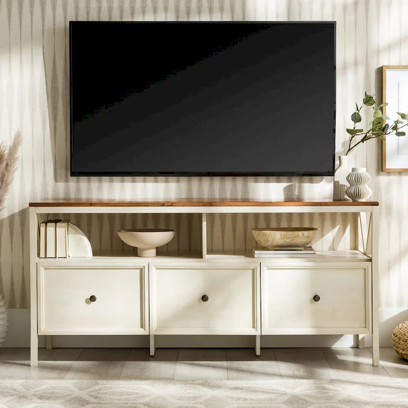 Meuble TV Rustique à 3 Tiroirs 60" – Noir/Chêne Rustique | Blanc Vieilli/Gris | Blanc Vieilli/Chêne Rustique
